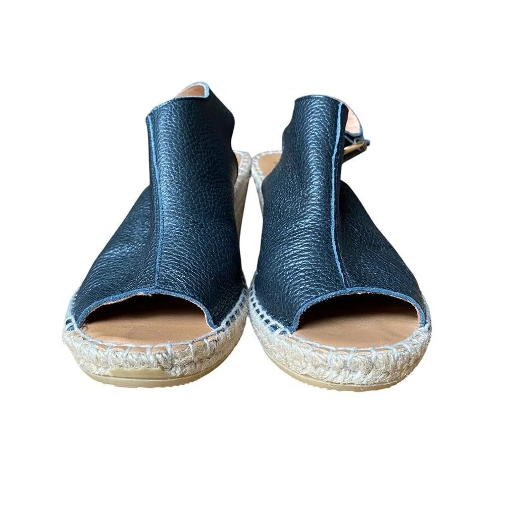 Maypol - Black Leather Peep Toe Slingback Ankle Espadrille Sandal - Size 40